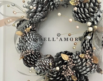 Grey and silver wreath with pinecones and champagne pearls