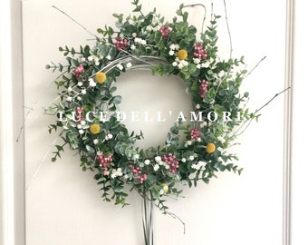 Eucalyptus wreath with gypsophila, faux pepper berries and dried craspedia