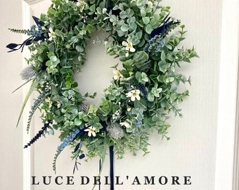 Navy blue salvia, thistle and wild flower wreath