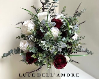 Luxury extra large burgundy and ivory rose bouquet, with salvia, thistles, berries and eucalyptus