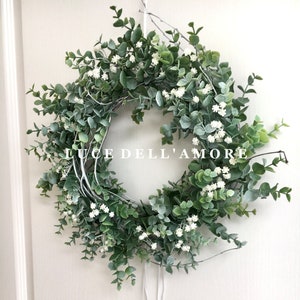 Front Door Wreath Classic Year Round Handmade Faux Eucalyptus and Gypsophila Wreath
