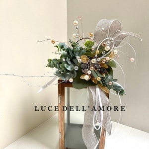 Eucalyptus, pearl, silver berry and grey ribbon lantern swag.  Floral lantern topper