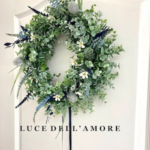Front Door Wreath Navy Blue Floral Wreath Navy Thistle Salvia Wreath