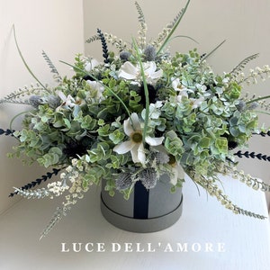 Hat Box with Navy Flowers Navy Thistle Arrangement Faux Flower Arrangement Floral Hat Box Flower Hat Box Gift Navy Centre Piece