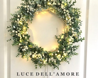 Handmade Eucalyptus Christmas Wreath with Snow Berries & Fairy Lights