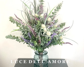 Extra large lavender, salvia thistle and eucalyptus handtied faux flower arrangement