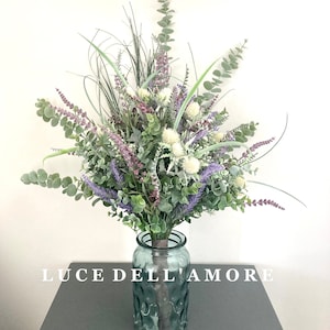 Arreglo floral artificial extra grande de lavanda, cardo de salvia y eucalipto atado a mano