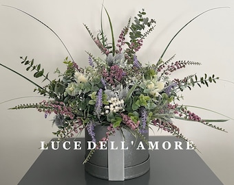 Lavender & Thistle Faux Floral Arrangement in Hat Box