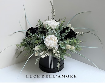 Black Hat Box Flower Arrangement: Faux Peonies & Velvet Roses