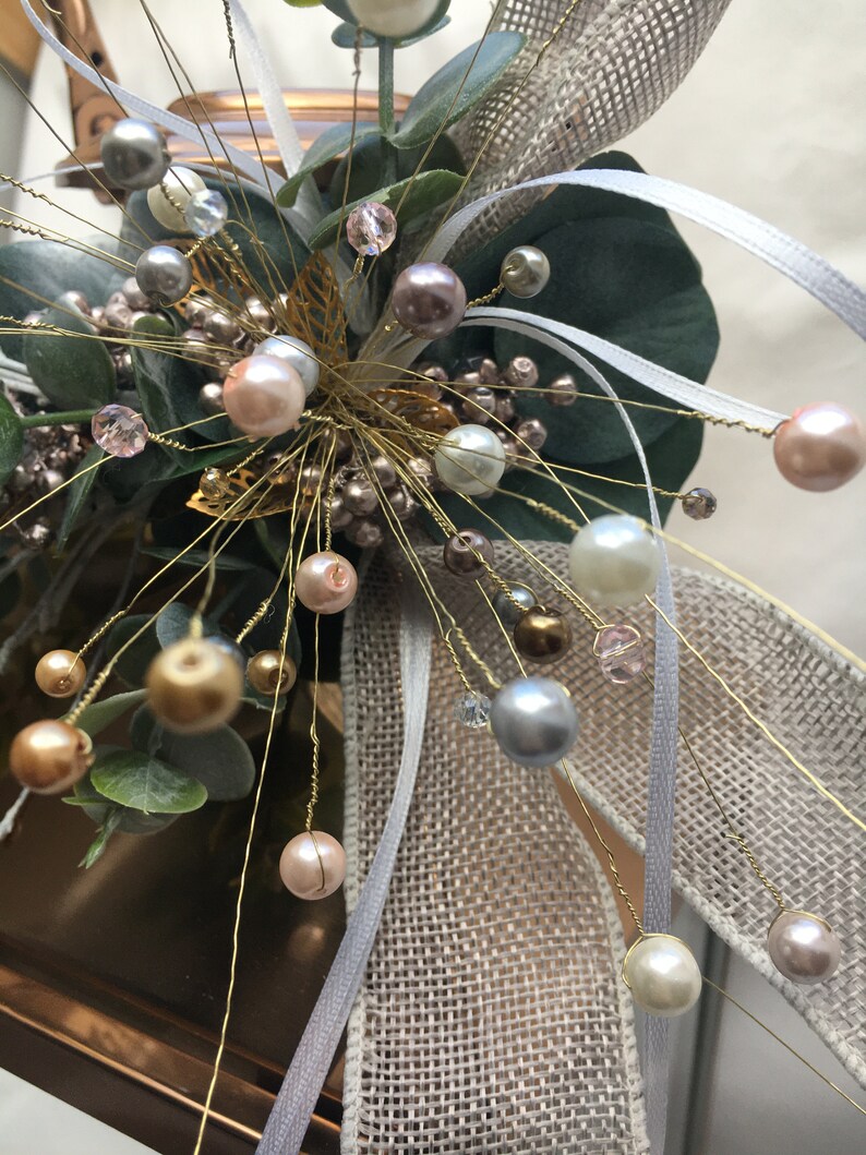 Lantern Topper with pearl cluster and grey hessian ribbon. Etsy