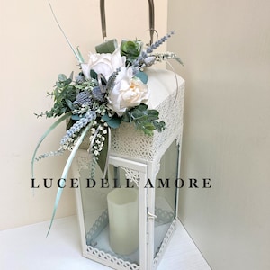 Lantern topper with cream peonies, salvia, thistle and eucalyptus.