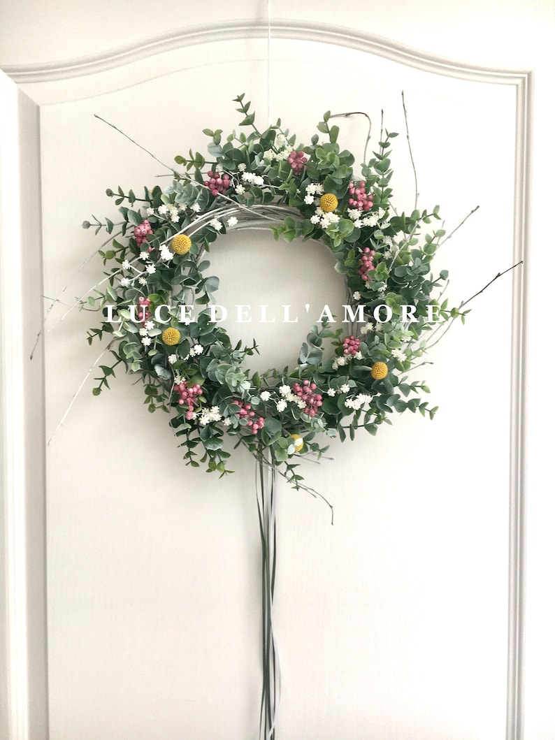 Eucalyptus wreath with gypsophila, faux pepper berries and dried craspedia image 1