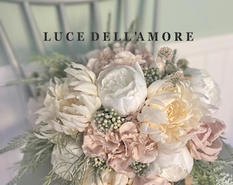 Bridal bouquet in Ivory, blush pink and sage with hydrangea, peony, chrysanthemum fern.  brides blush artificial wedding flowers.