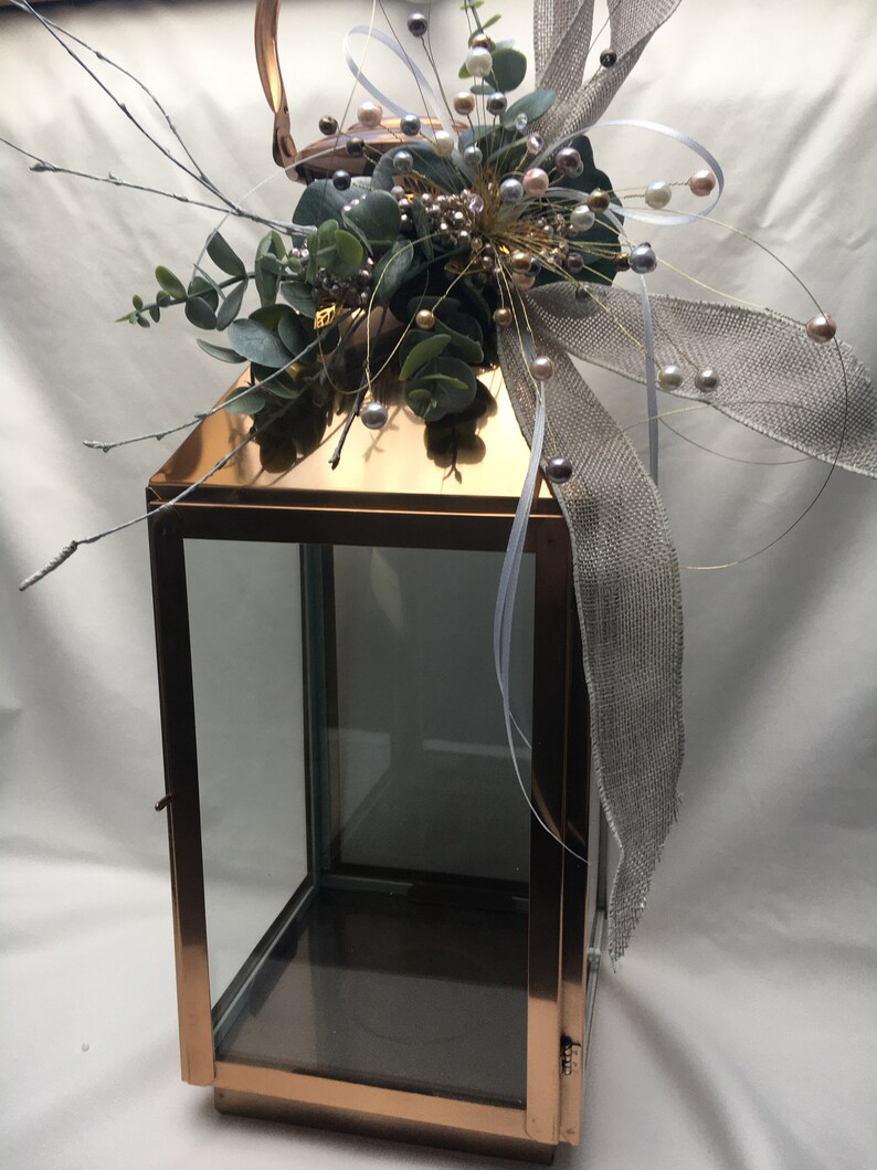 Lantern Topper with pearl cluster and grey hessian ribbon. Etsy