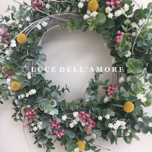 Eucalyptus wreath with gypsophila, faux pepper berries and dried craspedia image 6