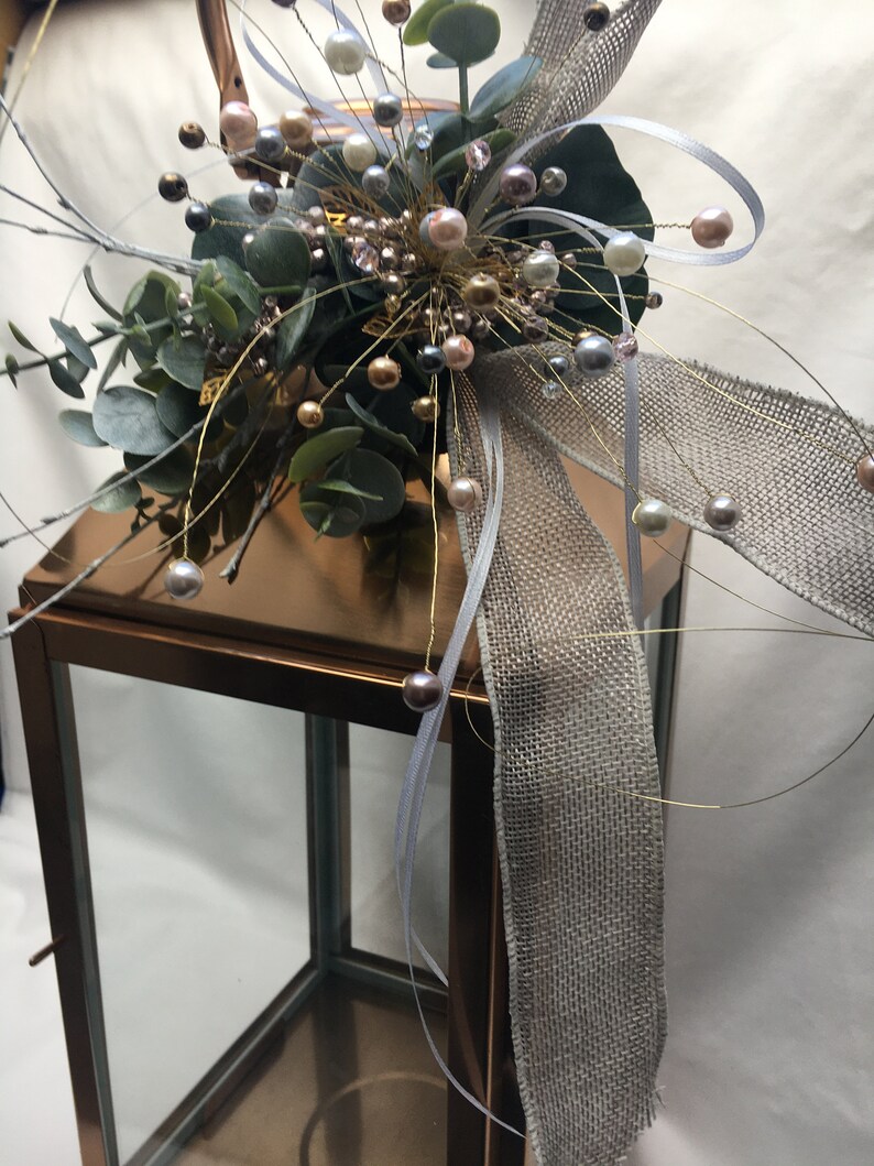 Lantern Topper with pearl cluster and grey hessian ribbon. Etsy