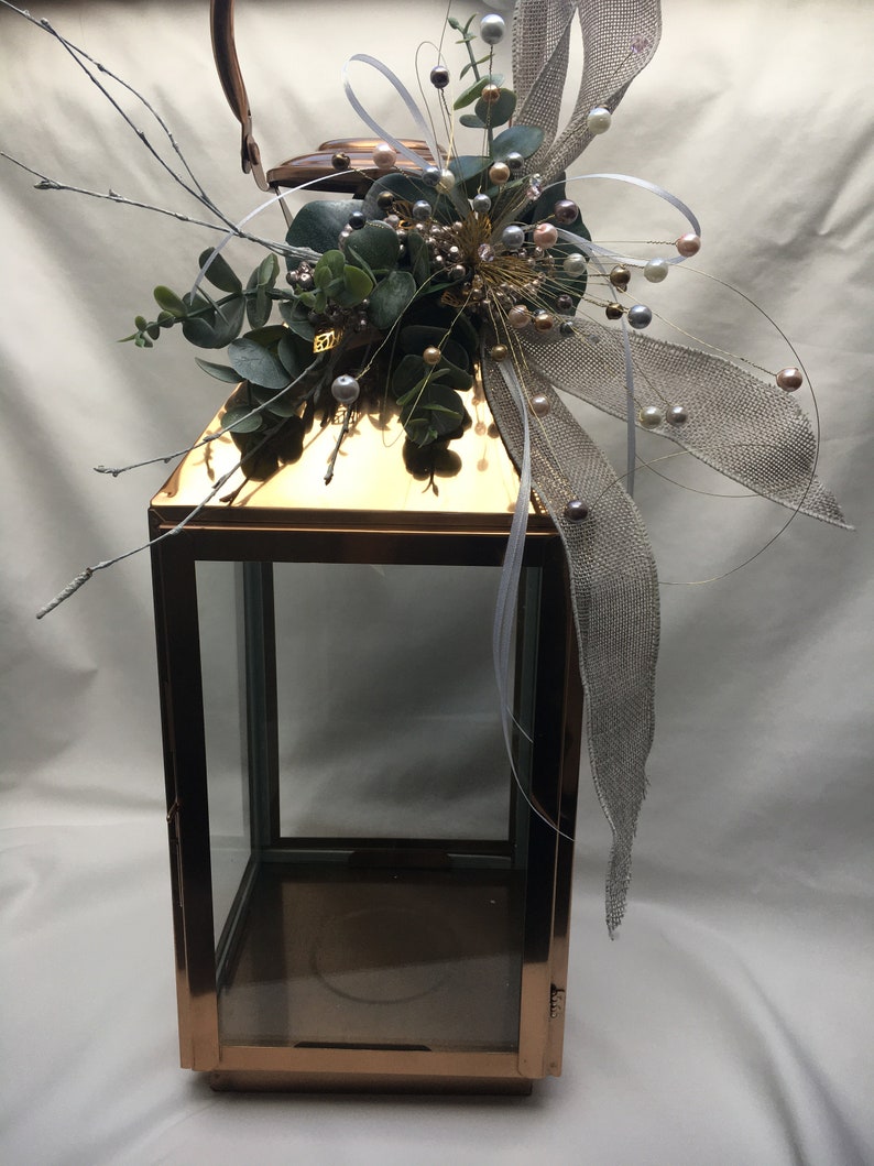 Lantern Topper with pearl cluster and grey hessian ribbon. Etsy