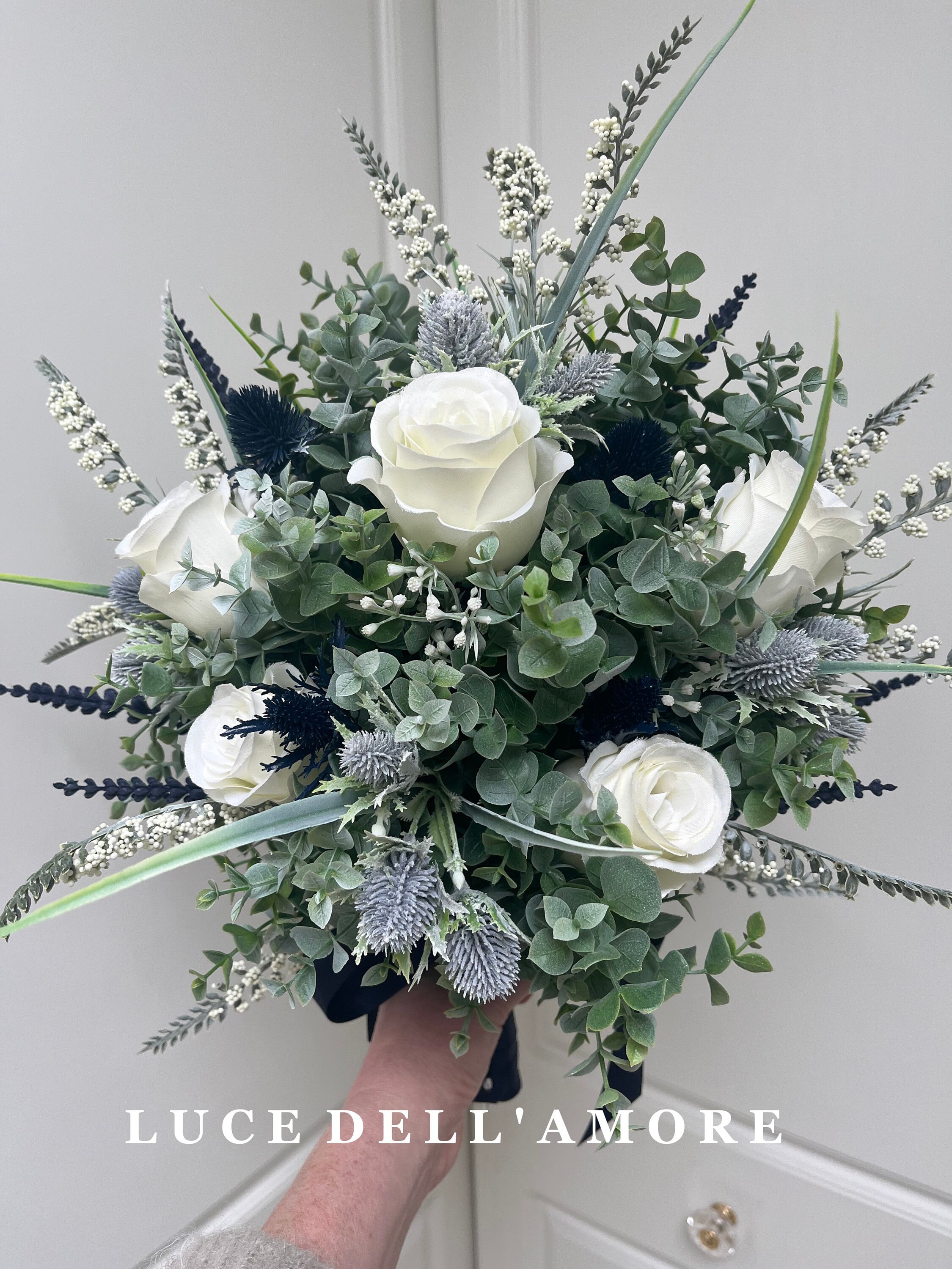 Navy and Ivory Faux Flower Wedding Bouquet, Bridesmaid Bouquet, Button holes and Corsages
