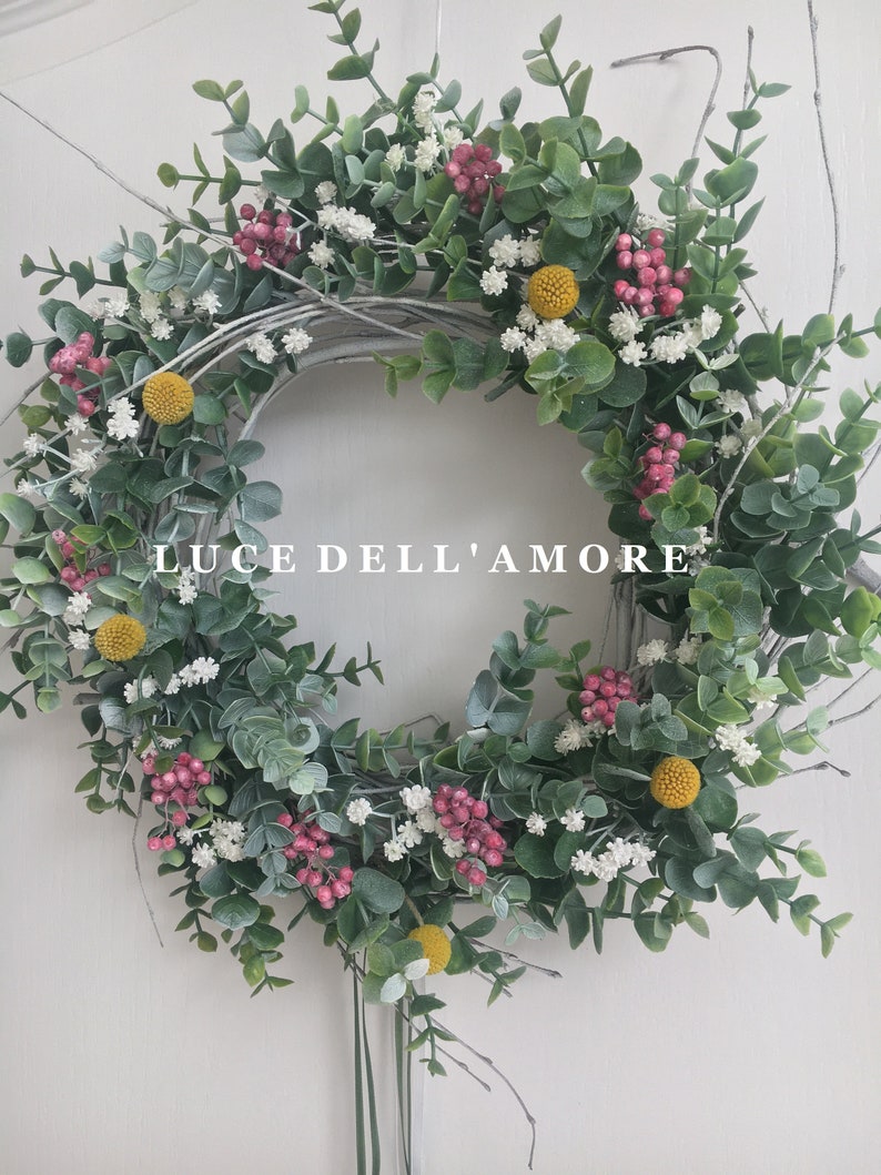 Eucalyptus wreath with gypsophila, faux pepper berries and dried craspedia image 8