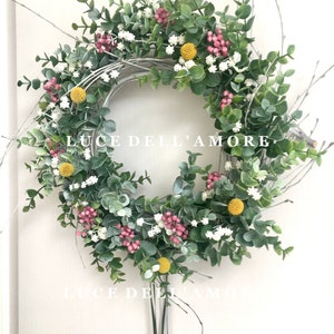 Eucalyptus wreath with gypsophila, faux pepper berries and dried craspedia image 2