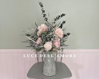 Luxury Silk Peony Bouquet, Blush Pink Silk Real Touch Eucalyptus Flower Arrangement