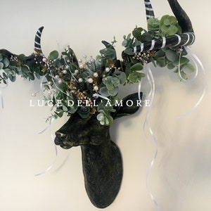 Stag Head Wall Hanging Floral Deer Head Art Work Animal Head Wall Decor Deer Black Gold Resin Animal Head Floral Stag Head with Eucalyptus