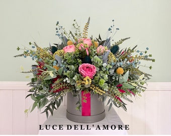 Pink Peony Faux Floral Hat Box Arrangement: Bright Flower Centerpiece