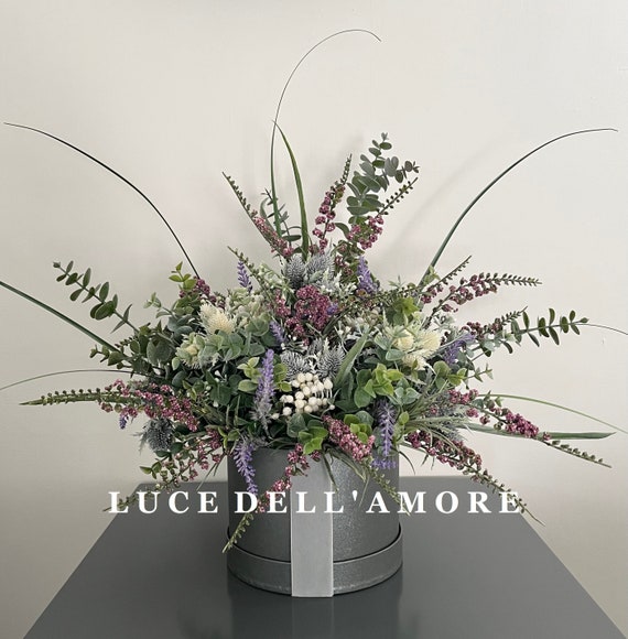 Lavender & Thistle Faux Floral Arrangement in Hat Box