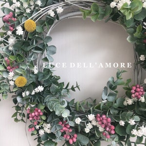 Eucalyptus wreath with gypsophila, faux pepper berries and dried craspedia image 5