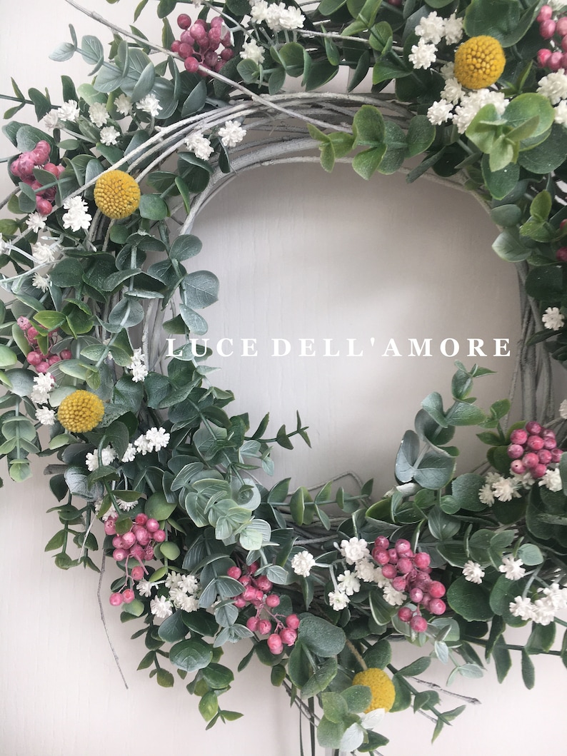 Eucalyptus wreath with gypsophila, faux pepper berries and dried craspedia image 5