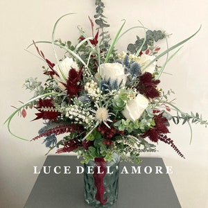 Extra Large Burgundy Faux Flower Arrangement: Ivory Roses & Eucalyptus