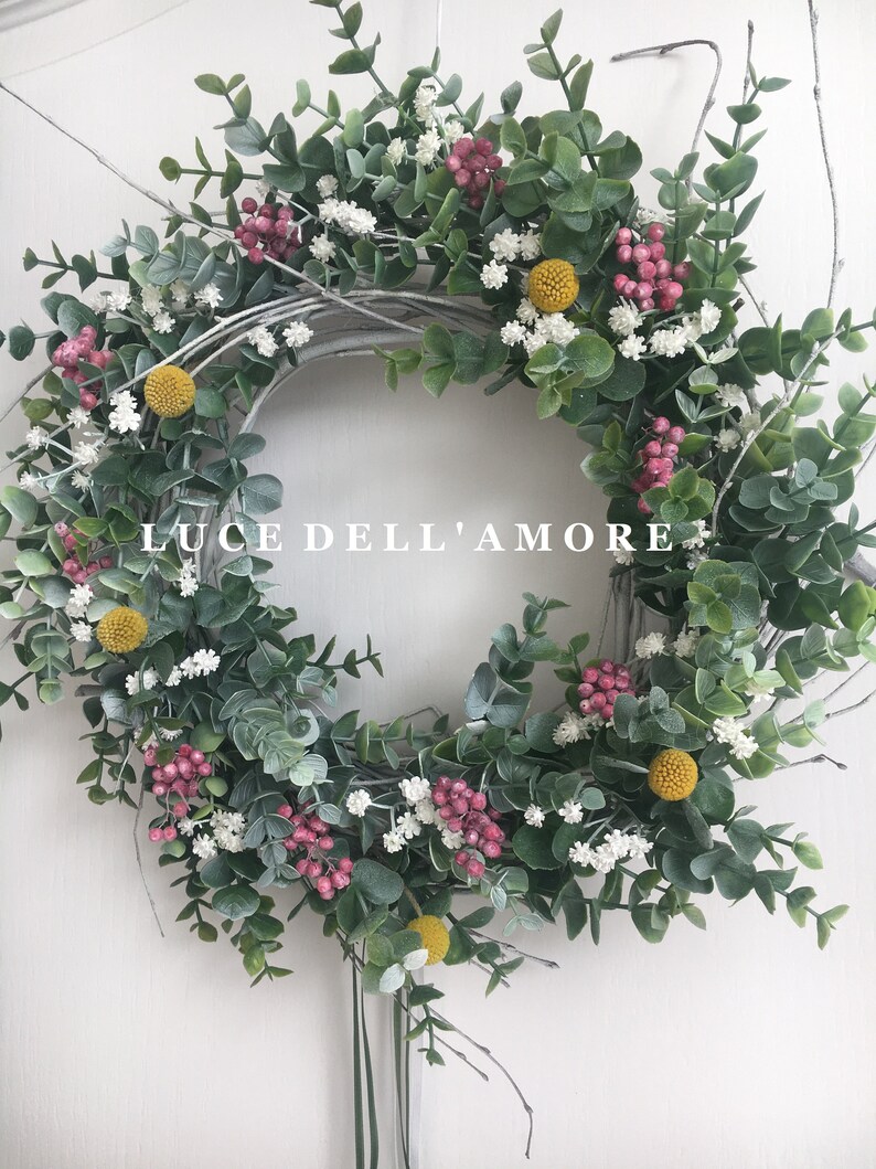 Eucalyptus wreath with gypsophila, faux pepper berries and dried craspedia image 7