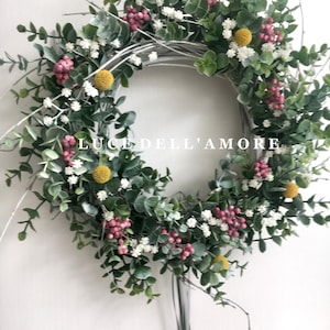 Eucalyptus wreath with gypsophila, faux pepper berries and dried craspedia image 3