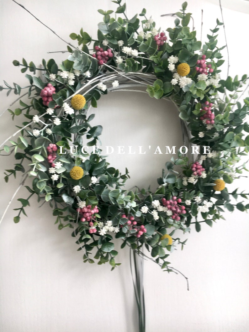 Eucalyptus wreath with gypsophila, faux pepper berries and dried craspedia image 3