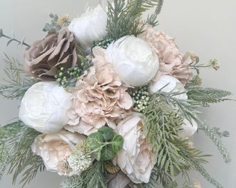 Blush pink peony bouquet with hydrangea, rose, fern and eucalyptus.  Wedding  brides artificial bouquet,  wedding flowers bridesmaids posy