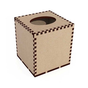 May include: A square tissue box holder made of brown cardboard with a decorative brown border. The box has a rectangular opening on the top for tissues.