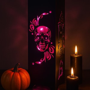 Halloween Skull & Tombstone Wooden Lamp – RGB LED Desk Light, Spooky Gothic Decor, Haunted House Gift, Handmade Halloween Night Light