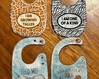 Jungle themed Baby Bib and Burp Cloth Set: zebra, tiger, giraffe, elephant baby gift