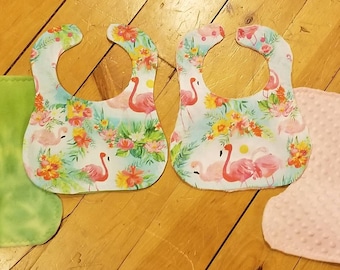 Flamingo Baby Bib and Burp Cloth Set: Tropical Cotton, Minky Backing