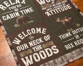 Woodland Cabin Quilted Blanket, Rustic Moose Bear Print, Baby Nursery Wall Hanging
