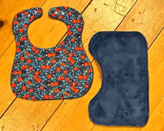 Fruit Baby bib and burp cloth set, blueberry bib, blueberry burp cloth, cherries baby bib, cherries burp cloth, blackberries baby bib