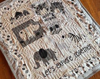 Safari Baby Quilt, black and white, explore together baby blanket , giraffe baby blanket , rhino Baby Blanket, baby quilt