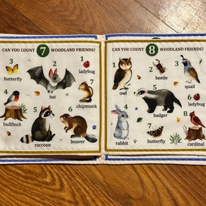 May include: A children's fabric book open to two pages, featuring illustrations of woodland creatures. The left page shows a butterfly, bat, raccoon, and chipmunk. The right page shows an owl, beetle, badger, and rabbit. Text reads "Can You Count Woodland Friends?"