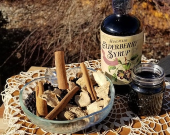Homemade Elderberry Syrup: Ginger, Cinnamon, Honey - 8 oz Bottle