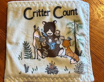 Minky Baby book, minky soft book, woodland minky book, critter count minky book