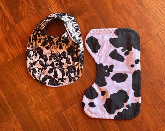 Holstein Cow Baby Bib and Burp Cloth Set, cow baby bib, cow burp cloth, farm baby gift