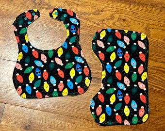 Christmas Lights Baby Bib and Burp Cloth Set