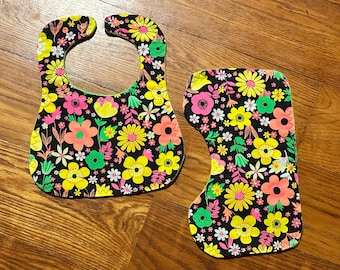 Flower baby bib and burp cloth set, hippie baby bib, hippie burp cloth, floral baby bib, neon baby bib, flower power baby bib and burp cloth