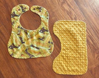 Corn Baby Bib and Burp Cloth Set: Cotton Minky, Adjustable Snaps