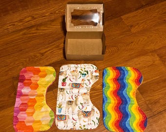 Burp cloth gift set, rainbow themed burp cloth set, box of burp cloths, lot of three burp cloths, llama bye cloth, alpaca burp cloth